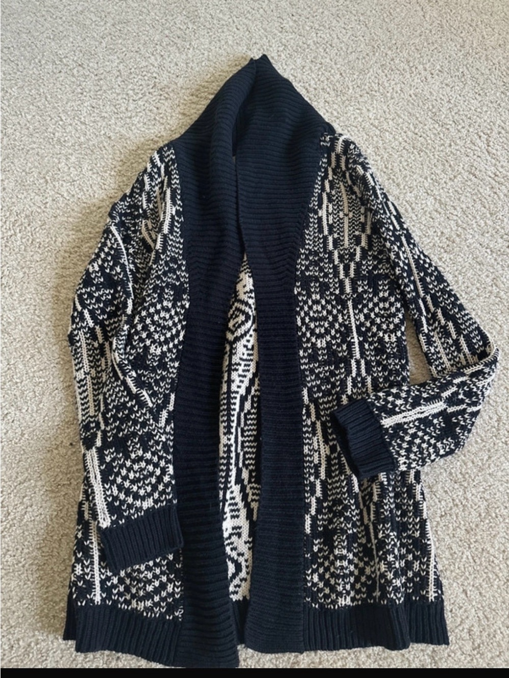 Talbots Thick Collar Long Black & Cream Open-Front Knit Cardigan Sweater Medium
